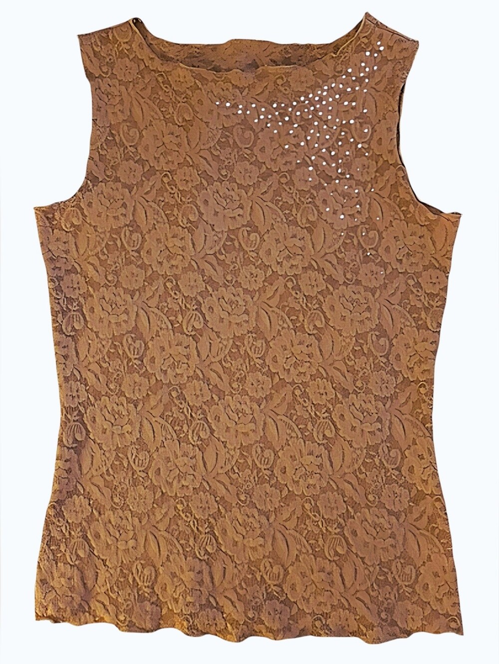 Sleeveless Lace-Overlay Camisole in Camel Brown w/Silver Crystal Accents. Small.